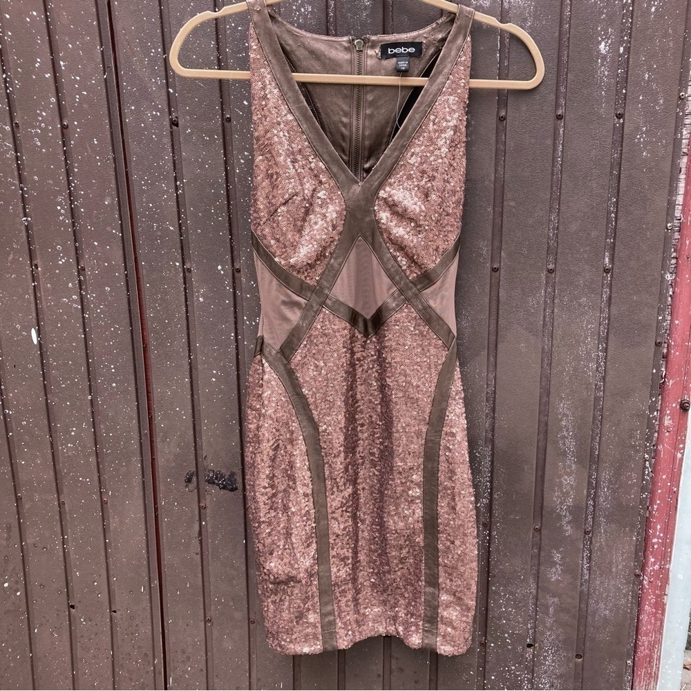 Bronze nude illusion cocktail dress deep V Y2K bebe bandage Sparkle prom XS
